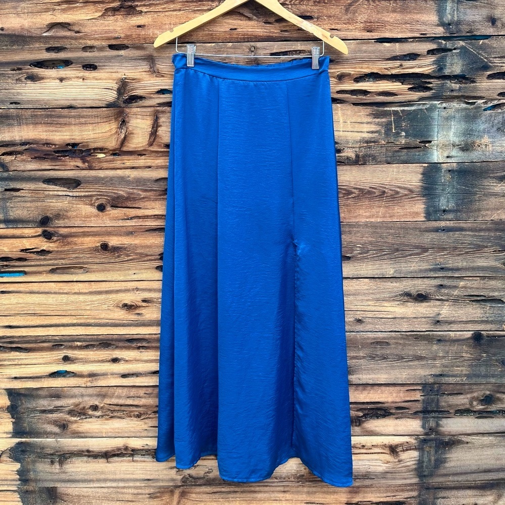 TWINKLE | Dark Blue Satin Long Skirt W/ Slit S